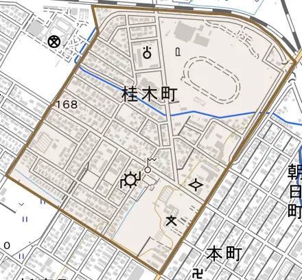 桂木町とその周辺の地図。町の範囲を重ねている
