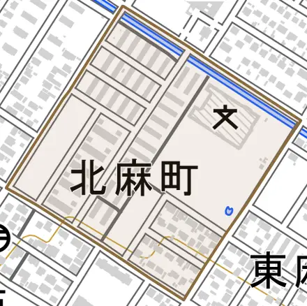 北麻町とその周辺の地図。町の範囲を重ねている