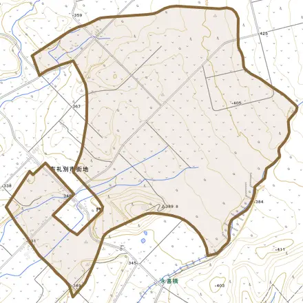 字北布礼別とその周辺の地図。町の範囲を重ねている