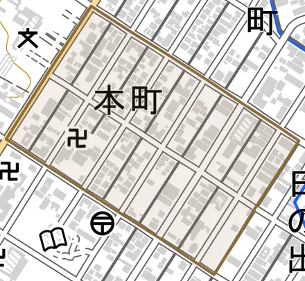 本町とその周辺の地図。町の範囲を重ねている