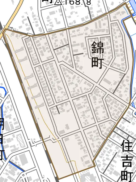 錦町とその周辺の地図。町の範囲を重ねている