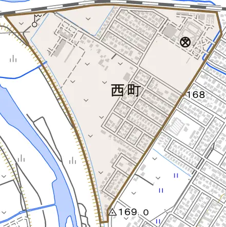 西町とその周辺の地図。町の範囲を重ねている