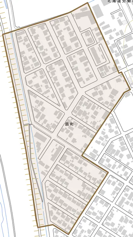 扇町とその周辺の地図。町の範囲を重ねている
