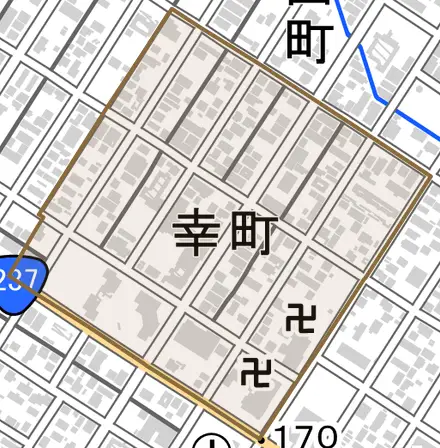 幸町とその周辺の地図。町の範囲を重ねている