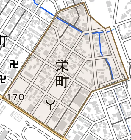 栄町とその周辺の地図。町の範囲を重ねている