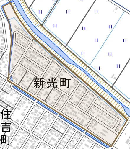 新光町とその周辺の地図。町の範囲を重ねている