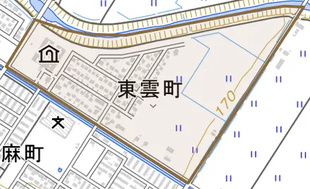 東雲町とその周辺の地図。町の範囲を重ねている