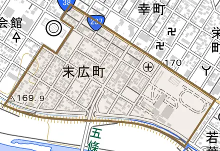 末広町とその周辺の地図。町の範囲を重ねている