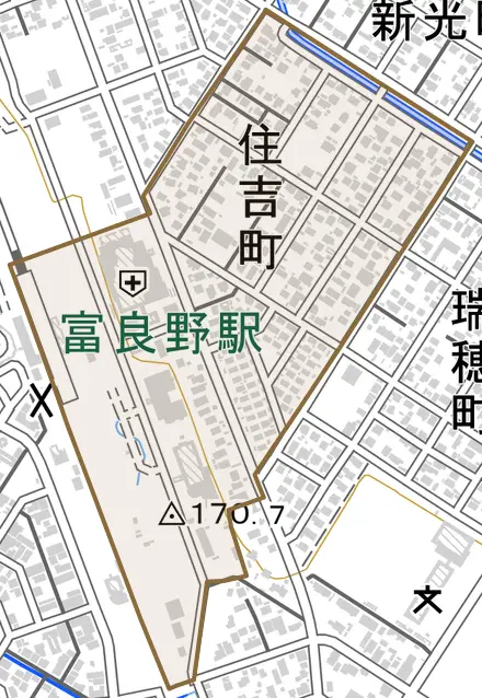 住吉町とその周辺の地図。町の範囲を重ねている