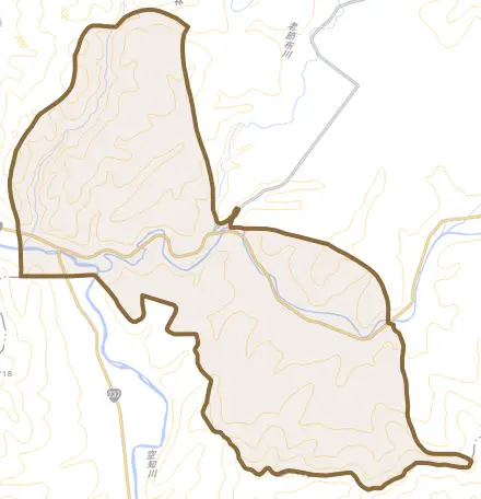 字東山とその周辺の地図。町の範囲を重ねている