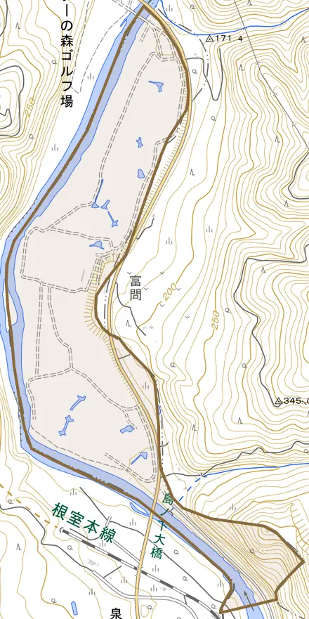 字富問とその周辺の地図。町の範囲を重ねている