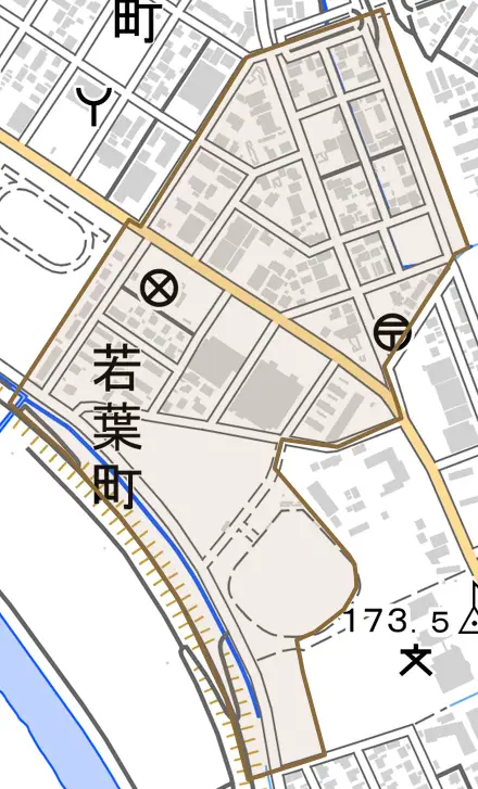 若葉町とその周辺の地図。町の範囲を重ねている