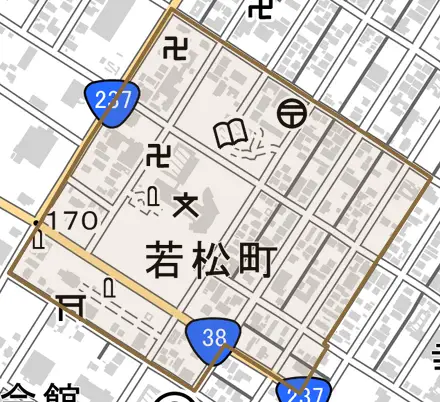 若松町とその周辺の地図。町の範囲を重ねている