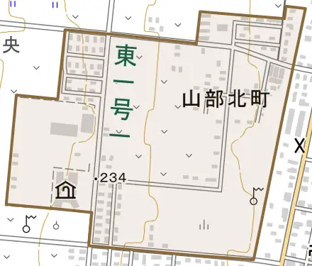 山部北町とその周辺の地図。町の範囲を重ねている