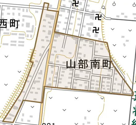 山部南町とその周辺の地図。町の範囲を重ねている