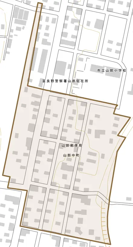 山部中町とその周辺の地図。町の範囲を重ねている