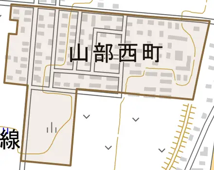 山部西町とその周辺の地図。町の範囲を重ねている