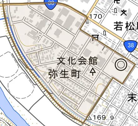 弥生町とその周辺の地図。町の範囲を重ねている