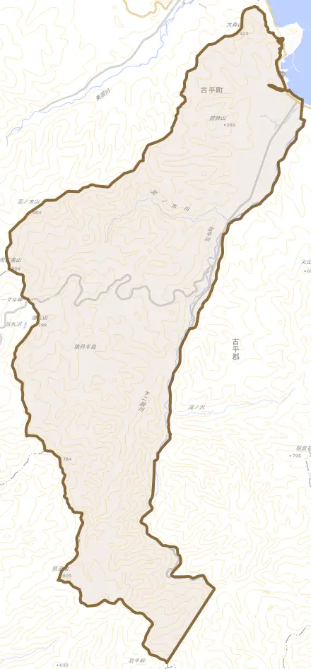 大字浜町とその周辺の地図。町の範囲を重ねている