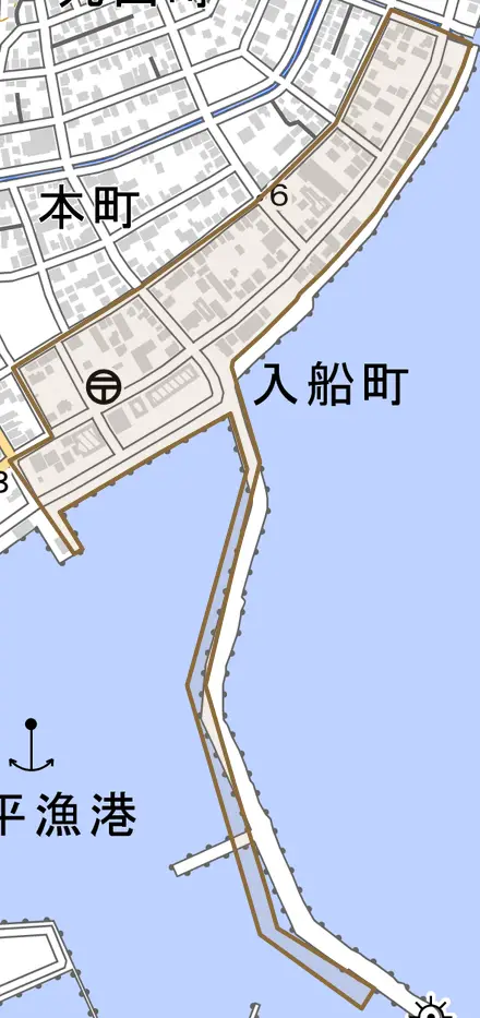 大字入船町とその周辺の地図。町の範囲を重ねている
