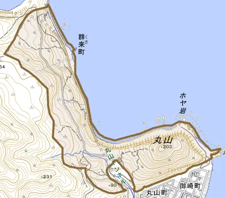 大字群来町とその周辺の地図。町の範囲を重ねている