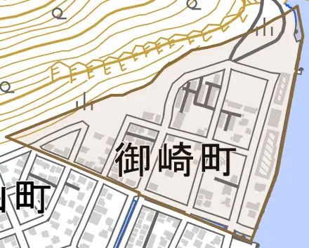 大字御崎町とその周辺の地図。町の範囲を重ねている