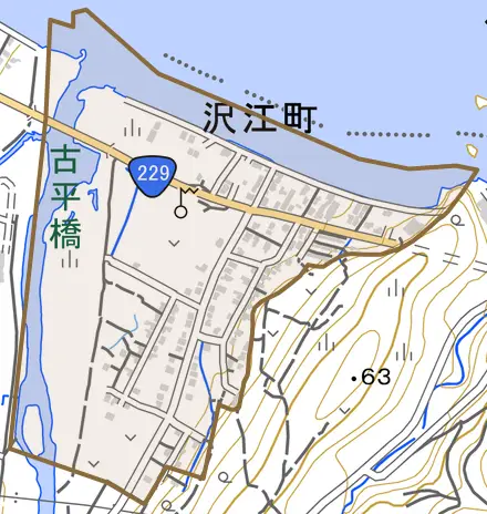 大字沢江町とその周辺の地図。町の範囲を重ねている