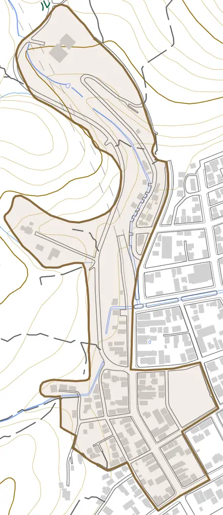 大字新地町とその周辺の地図。町の範囲を重ねている