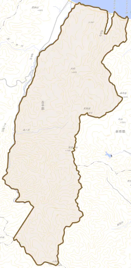 大字歌棄町とその周辺の地図。町の範囲を重ねている