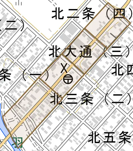 北大通とその周辺の地図。町の範囲を重ねている