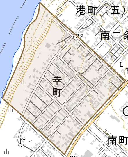 幸町とその周辺の地図。町の範囲を重ねている