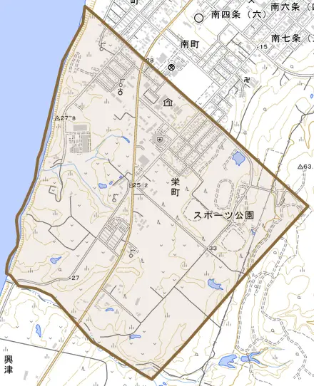 栄町とその周辺の地図。町の範囲を重ねている