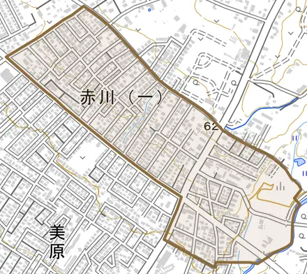 赤川とその周辺の地図。町の範囲を重ねている