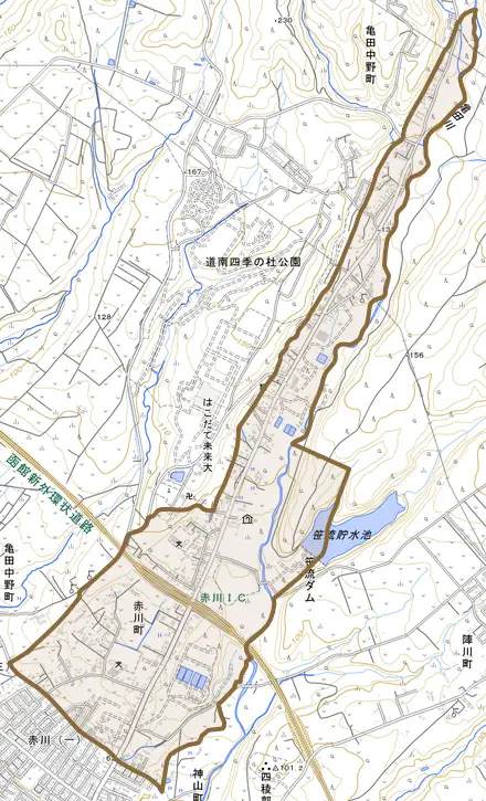 赤川町とその周辺の地図。町の範囲を重ねている