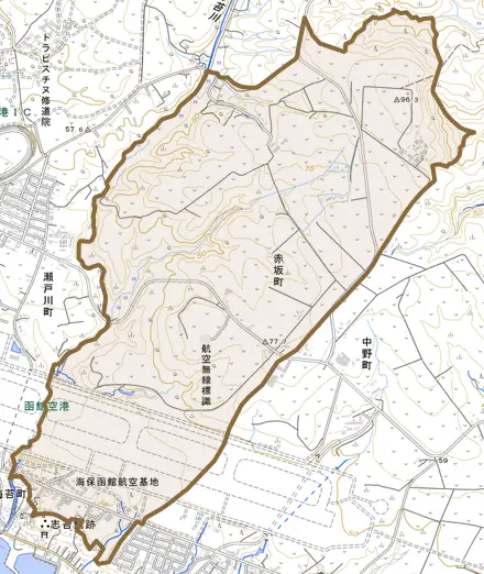 赤坂町とその周辺の地図。町の範囲を重ねている