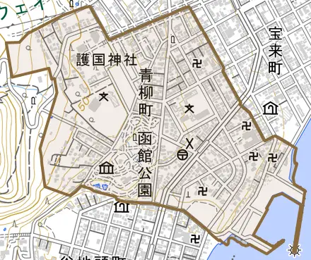 青柳町とその周辺の地図。町の範囲を重ねている