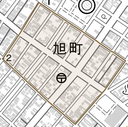 旭町とその周辺の地図。町の範囲を重ねている
