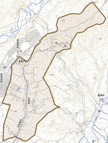旭岡町とその周辺の地図。町の範囲を重ねている
