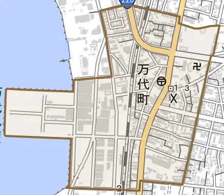 万代町とその周辺の地図。町の範囲を重ねている