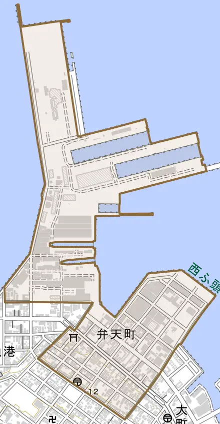弁天町とその周辺の地図。町の範囲を重ねている