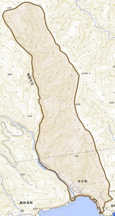 弁才町とその周辺の地図。町の範囲を重ねている