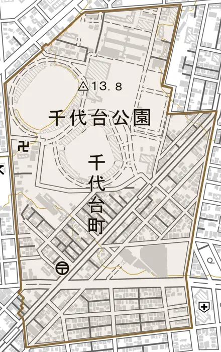 千代台町とその周辺の地図。町の範囲を重ねている