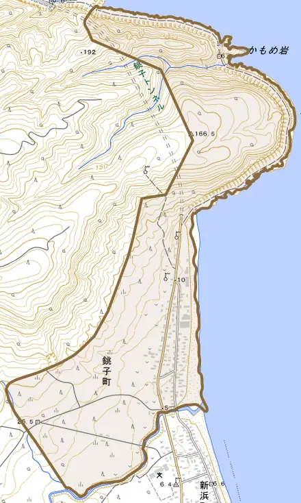 銚子町とその周辺の地図。町の範囲を重ねている