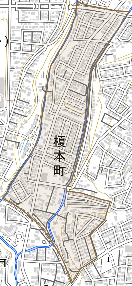 榎本町とその周辺の地図。町の範囲を重ねている