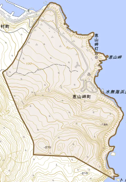 恵山岬町とその周辺の地図。町の範囲を重ねている