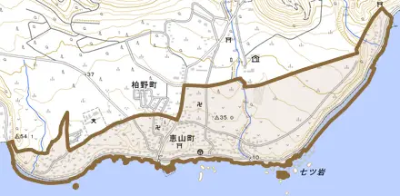 恵山町とその周辺の地図。町の範囲を重ねている