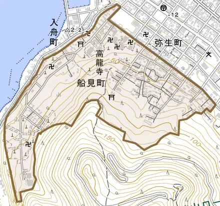 船見町とその周辺の地図。町の範囲を重ねている