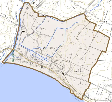 古川町とその周辺の地図。町の範囲を重ねている