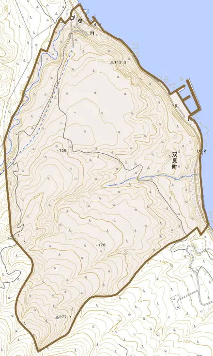 双見町とその周辺の地図。町の範囲を重ねている