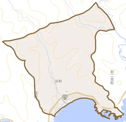 浜町とその周辺の地図。町の範囲を重ねている
